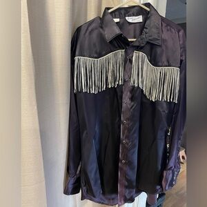 Black vintage Satin Fringe Shirt by Tony Alamo Sz xl